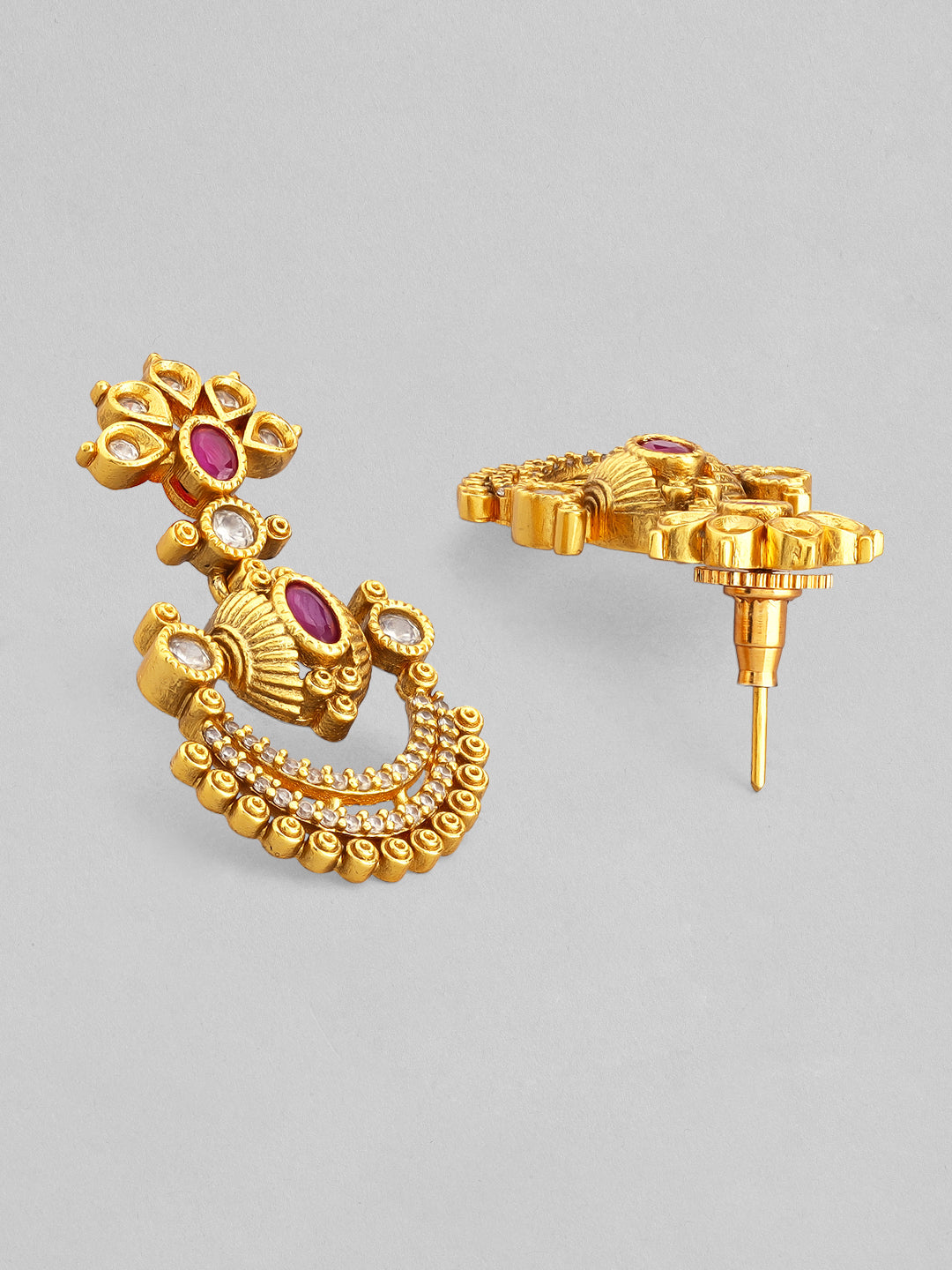 Rubans 24K Gold-Plated Ruby Pink & Cubic Zirconia Studded Temple Necklace Set with Chandbali Earrings Gold