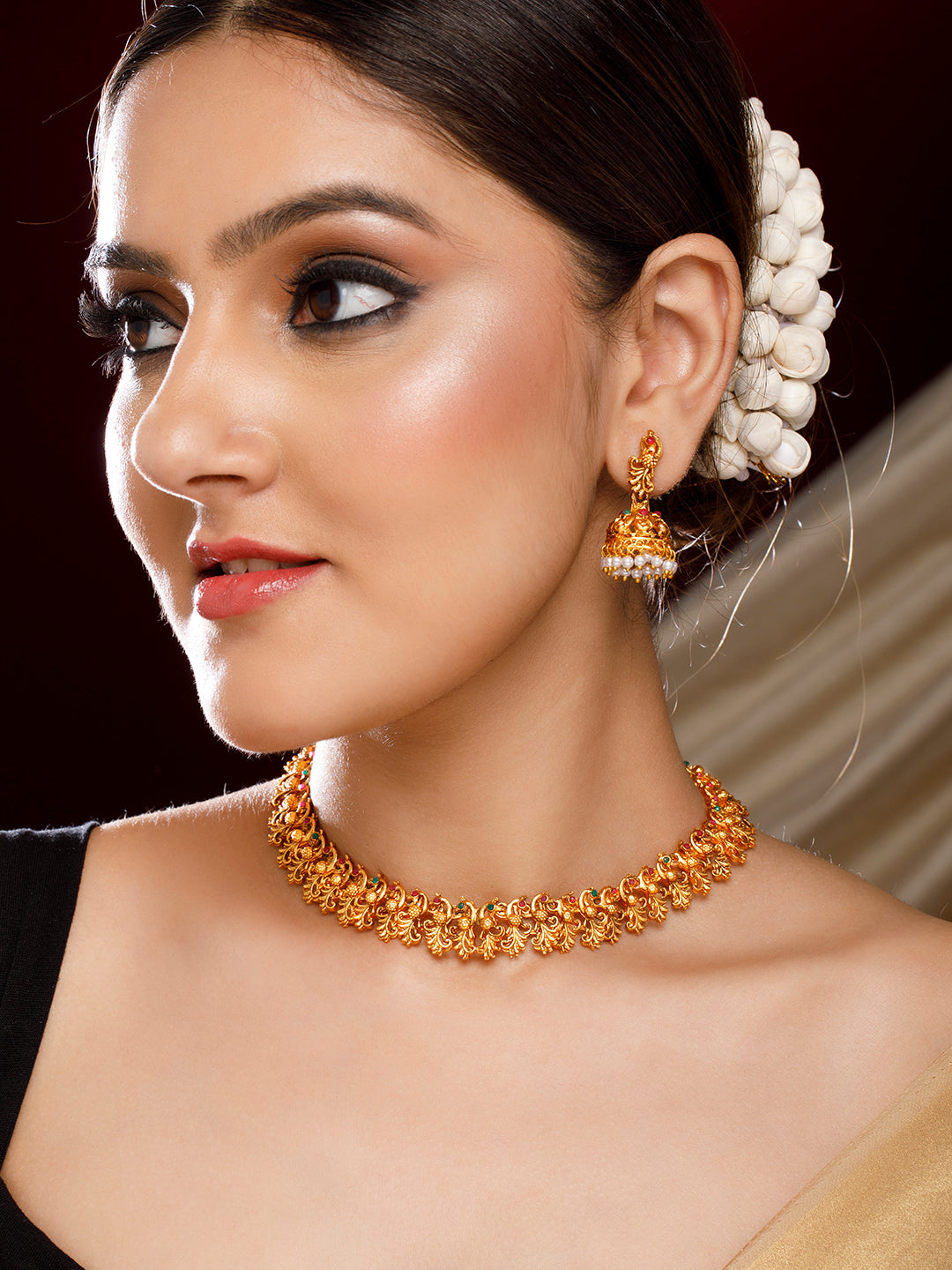 Rubans 22K Gold-Plated Ruby Red & Emerald Green Stone Studded Brass Necklace Jewellery Set Gold