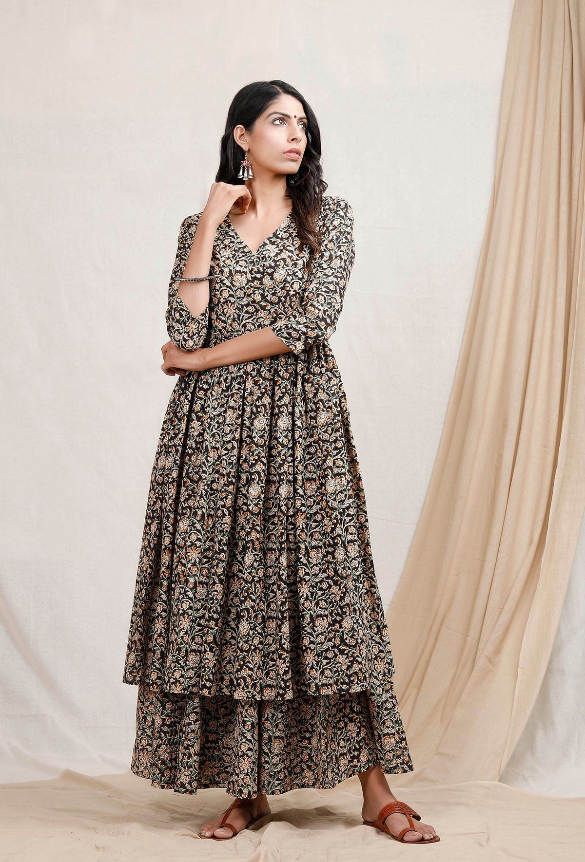 Black and Beige Kalamkari Cotton Kurta (Without Palazzo) サイズ S