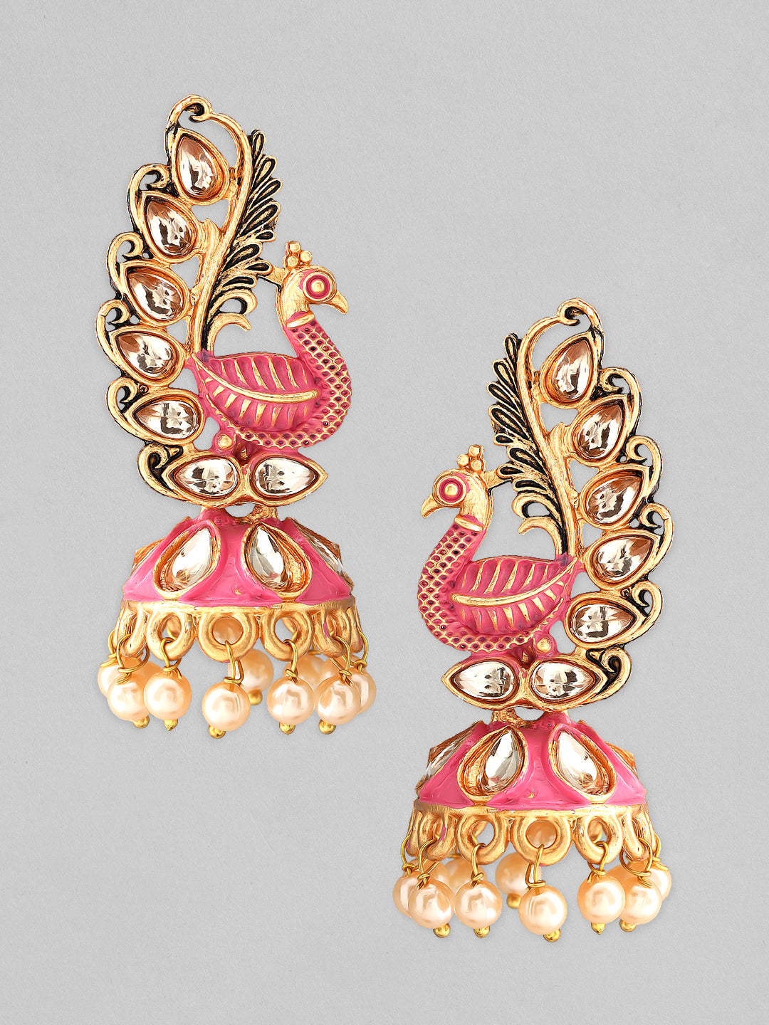 Rubans 22k Gold-Plated Handcrafted Kundan & Enamel Peacock Design Jhumka Earring Gold