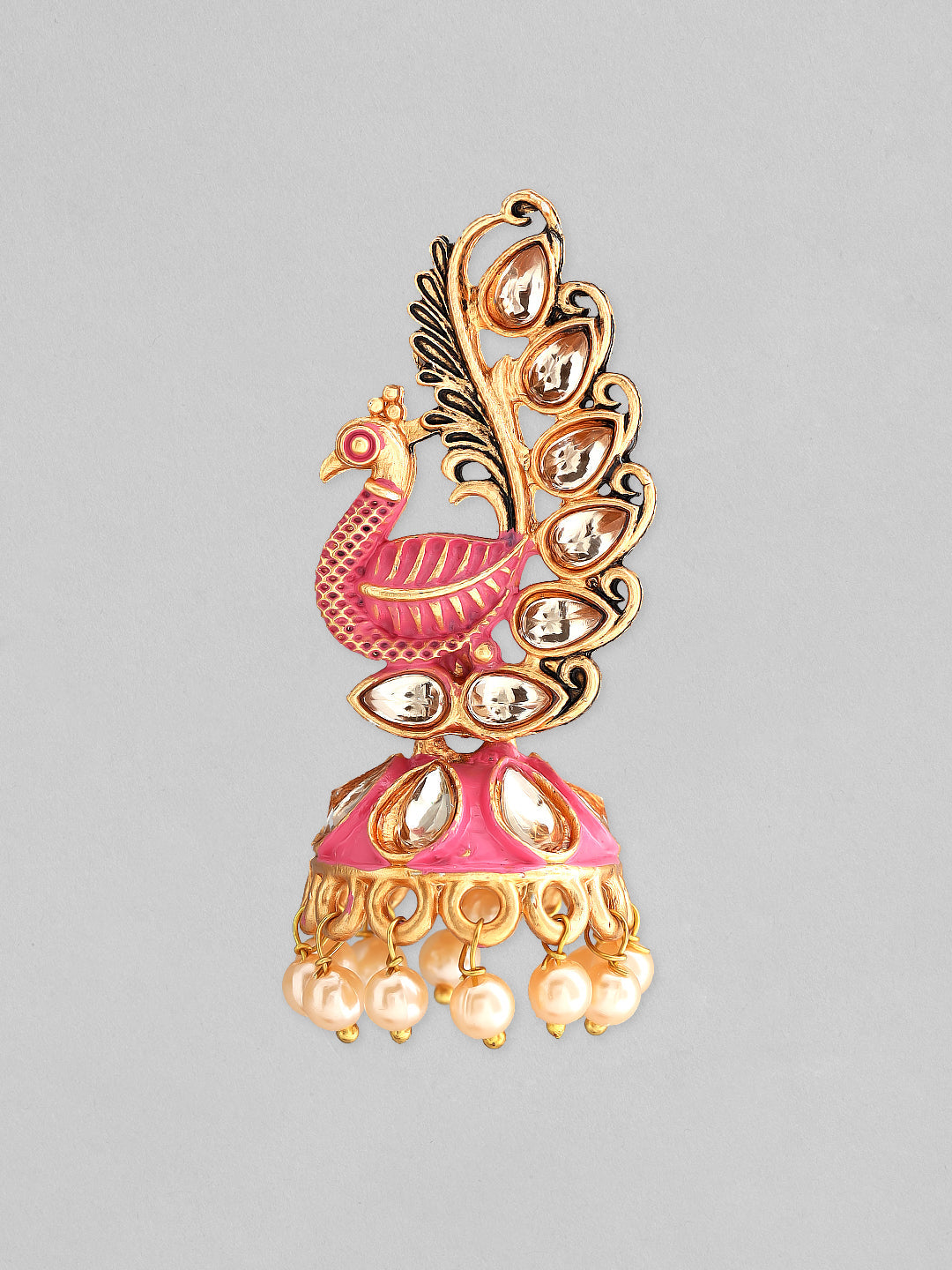 Rubans 22k Gold-Plated Handcrafted Kundan & Enamel Peacock Design Jhumka Earring Gold