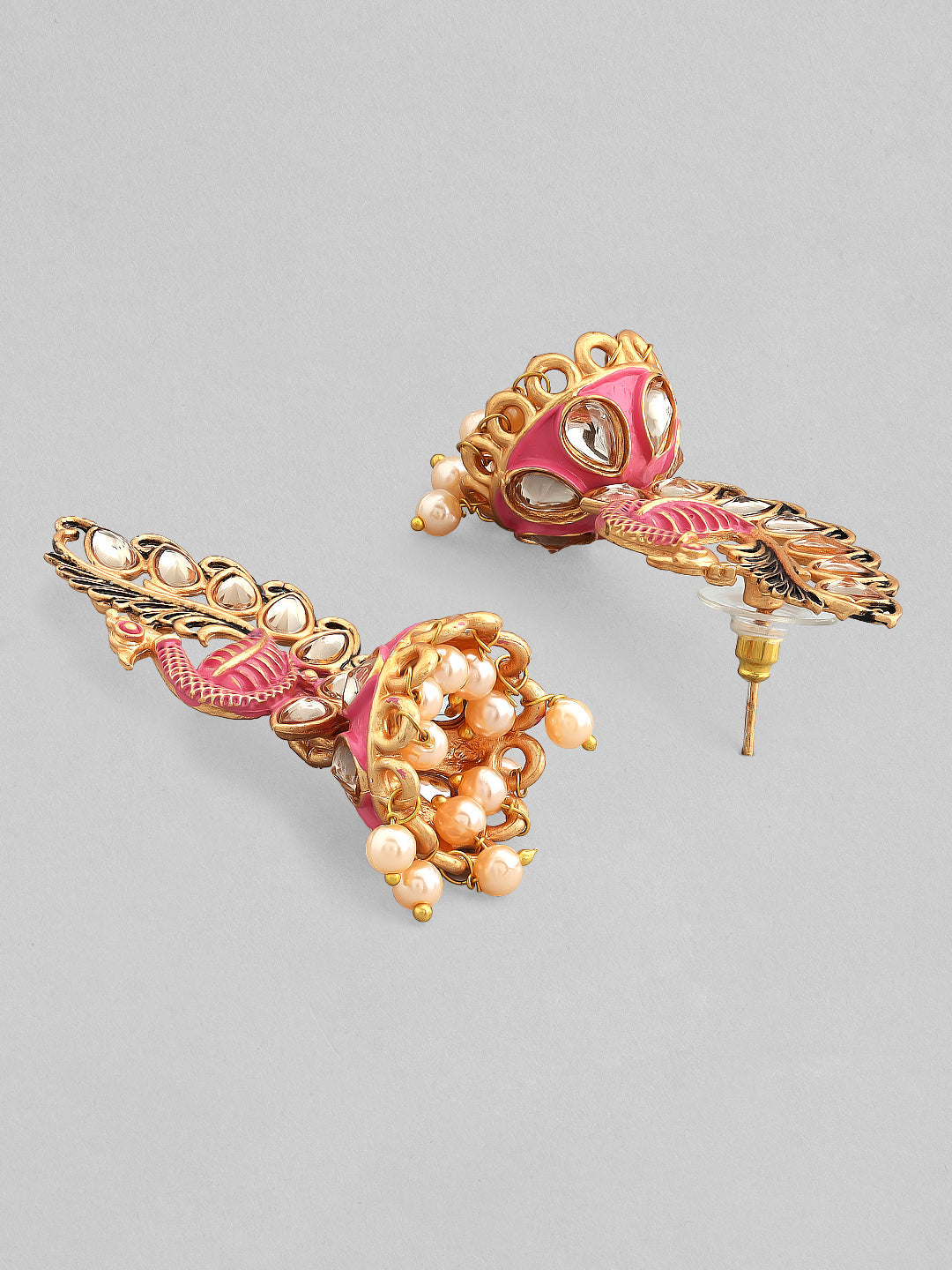 Rubans 22k Gold-Plated Handcrafted Kundan & Enamel Peacock Design Jhumka Earring Gold