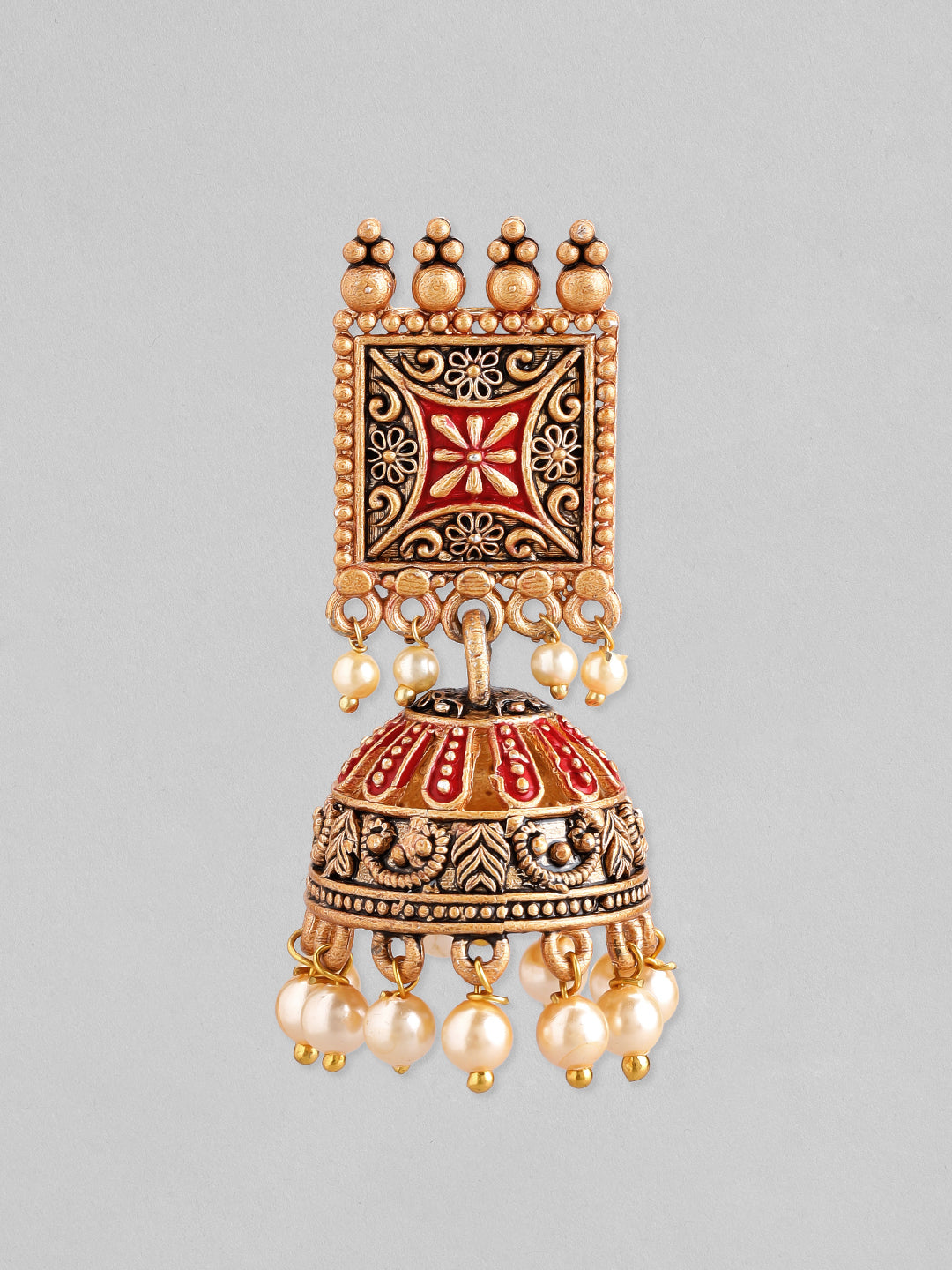 Rubans 24K Gold Plated Enamel Handpainted & White Beaded Filigree Jhumka Earrings Gold