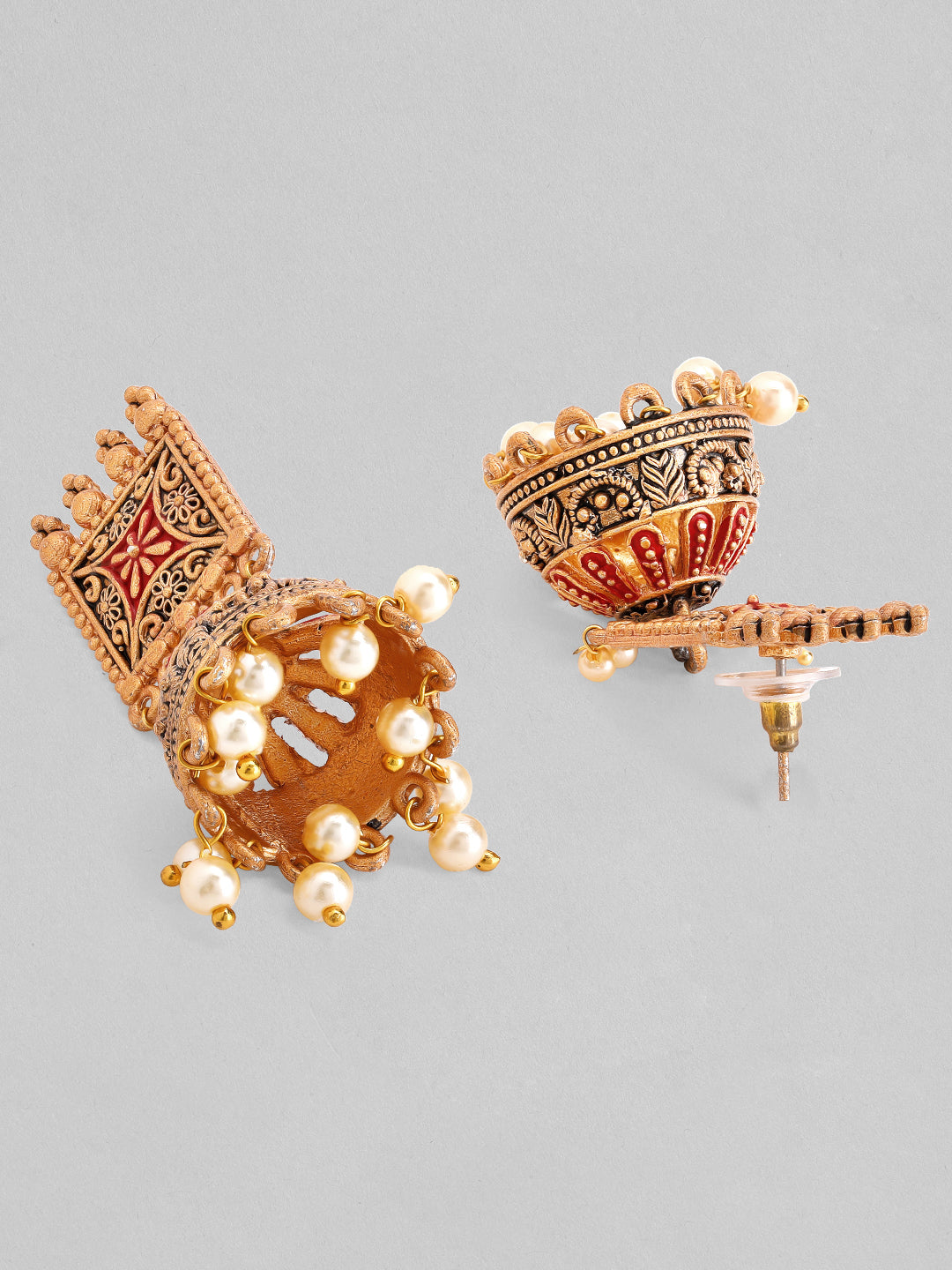 Rubans 24K Gold Plated Enamel Handpainted & White Beaded Filigree Jhumka Earrings Gold