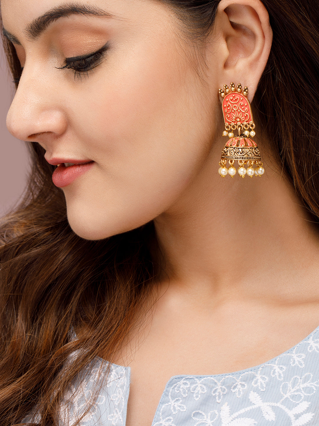 Rubans Gold-Toned & Red Enamelled Dome Shaped Pearl Jhumkas Gold