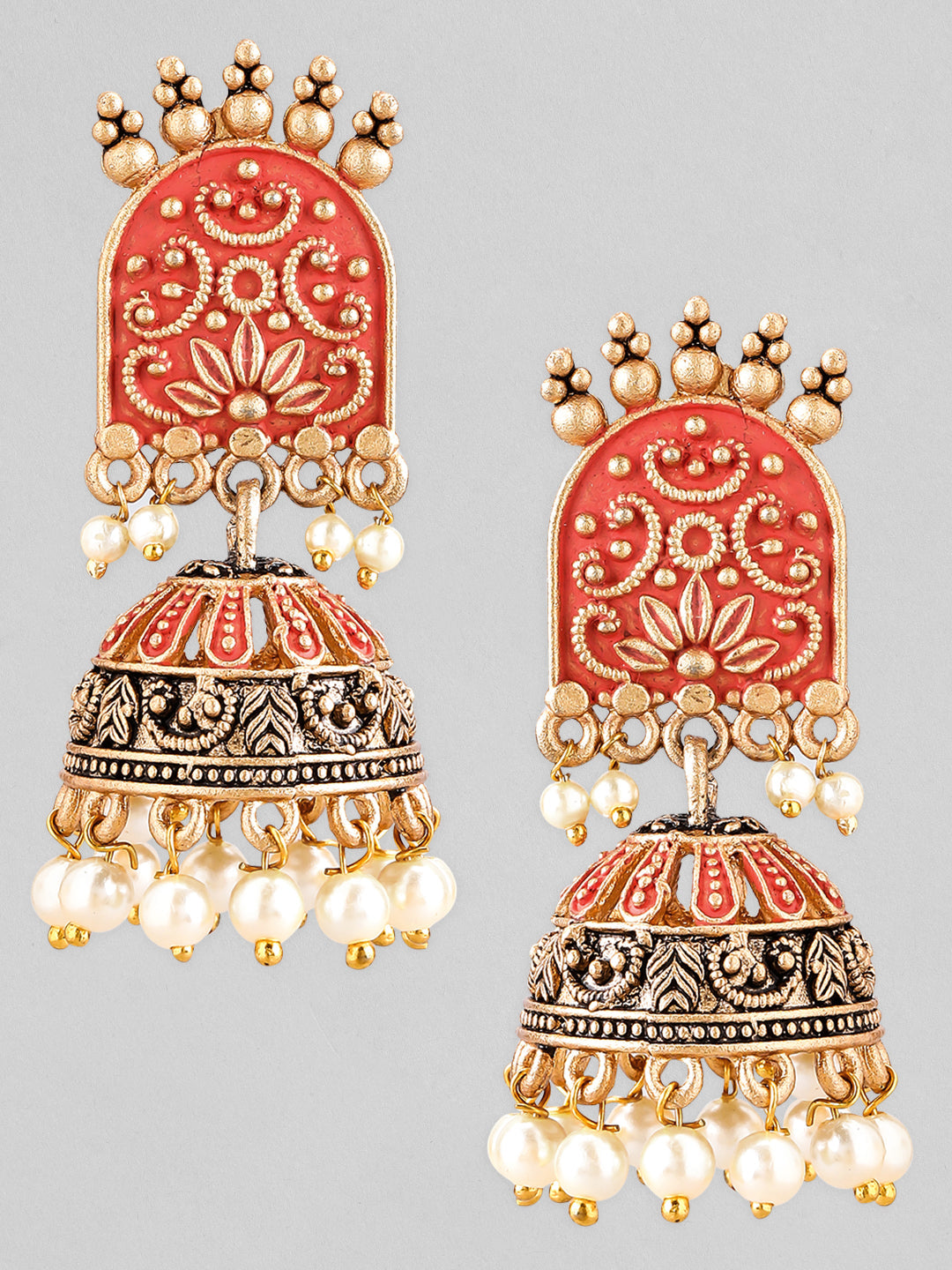 Rubans Gold-Toned & Red Enamelled Dome Shaped Pearl Jhumkas Gold