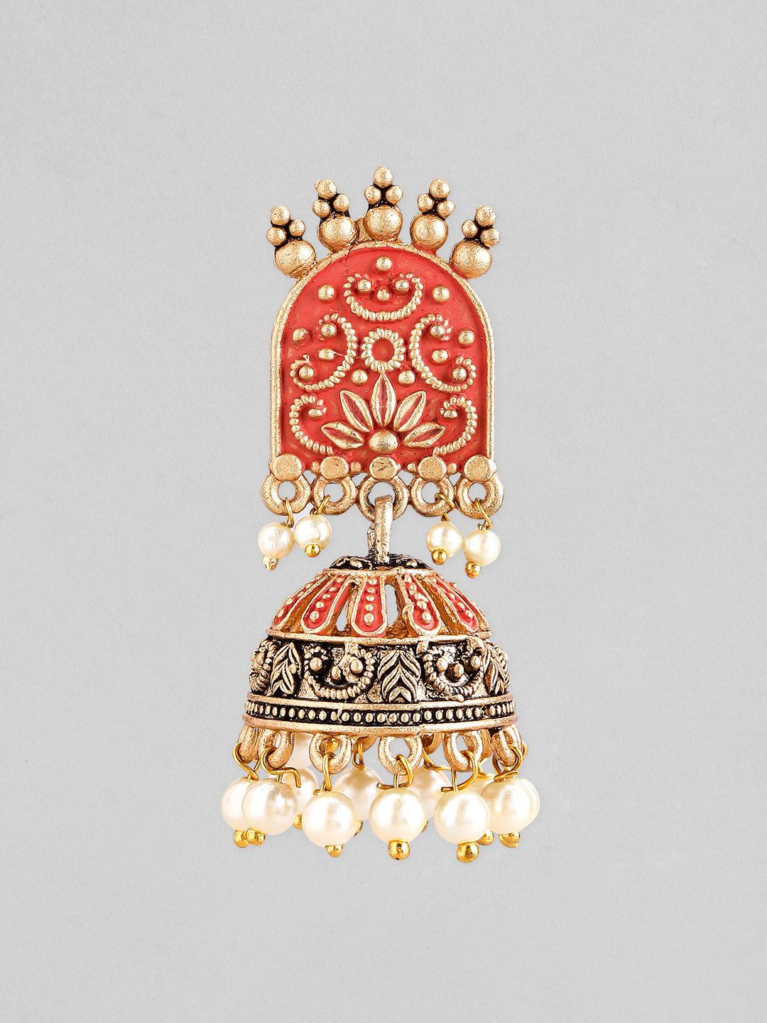 Rubans Gold-Toned & Red Enamelled Dome Shaped Pearl Jhumkas Gold