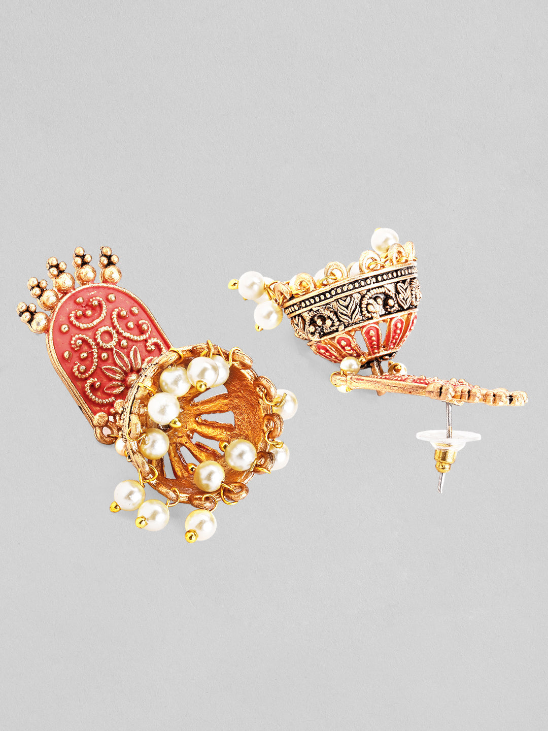 Rubans Gold-Toned & Red Enamelled Dome Shaped Pearl Jhumkas Gold