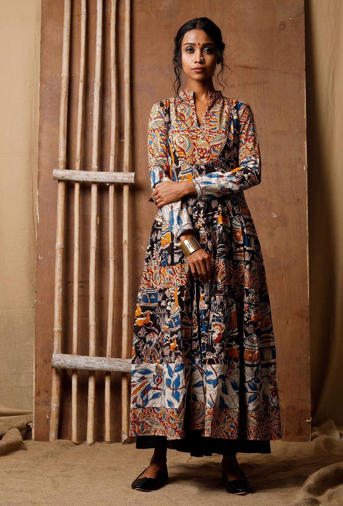Three Print Kalamkari Cotton Anarkali Kurta サイズ L