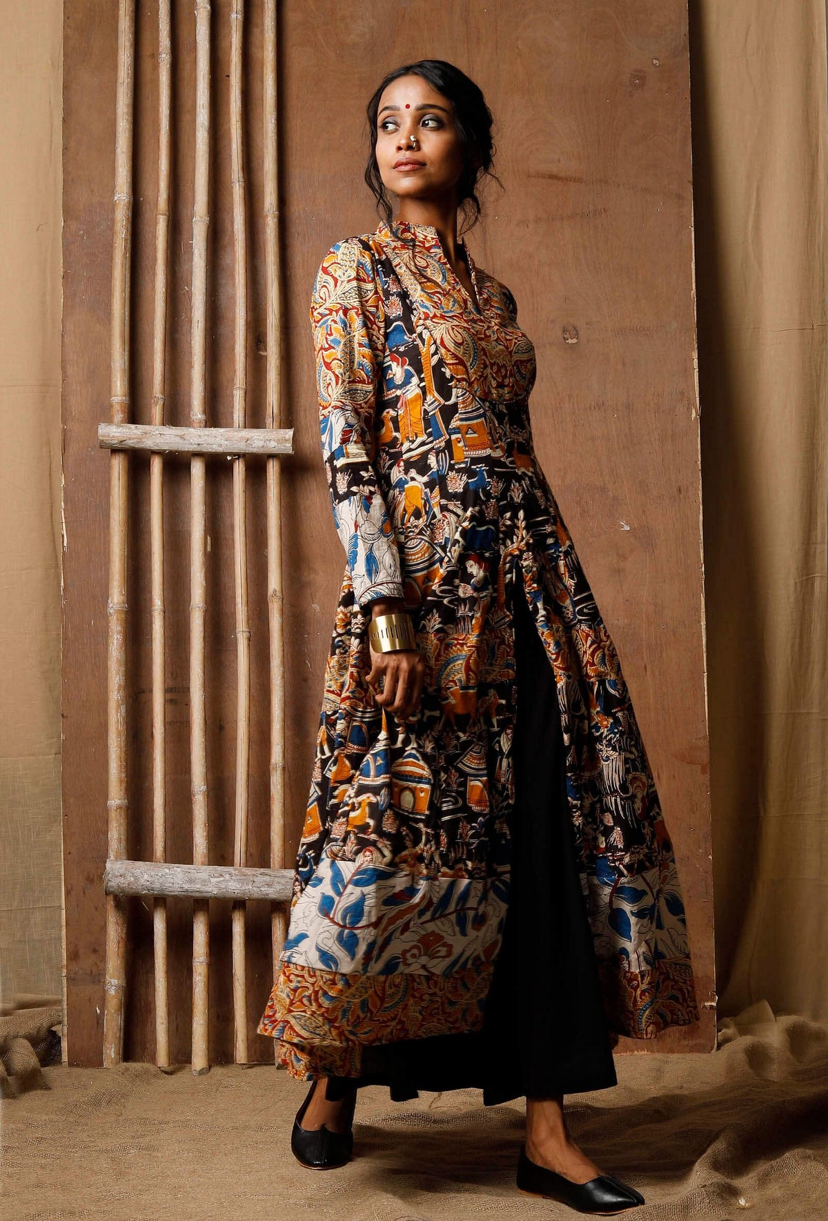 Three Print Kalamkari Cotton Anarkali Kurta サイズ XXXL