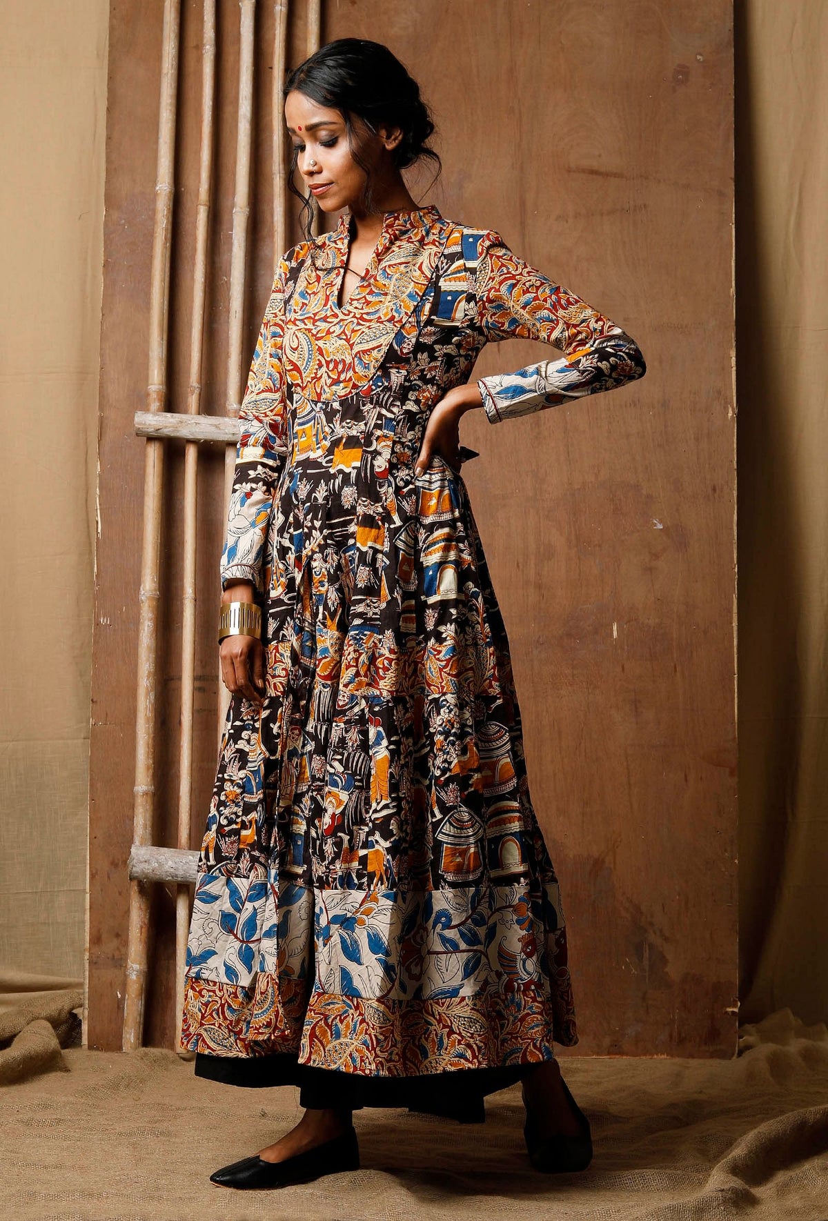 Three Print Kalamkari Cotton Anarkali Kurta サイズ S