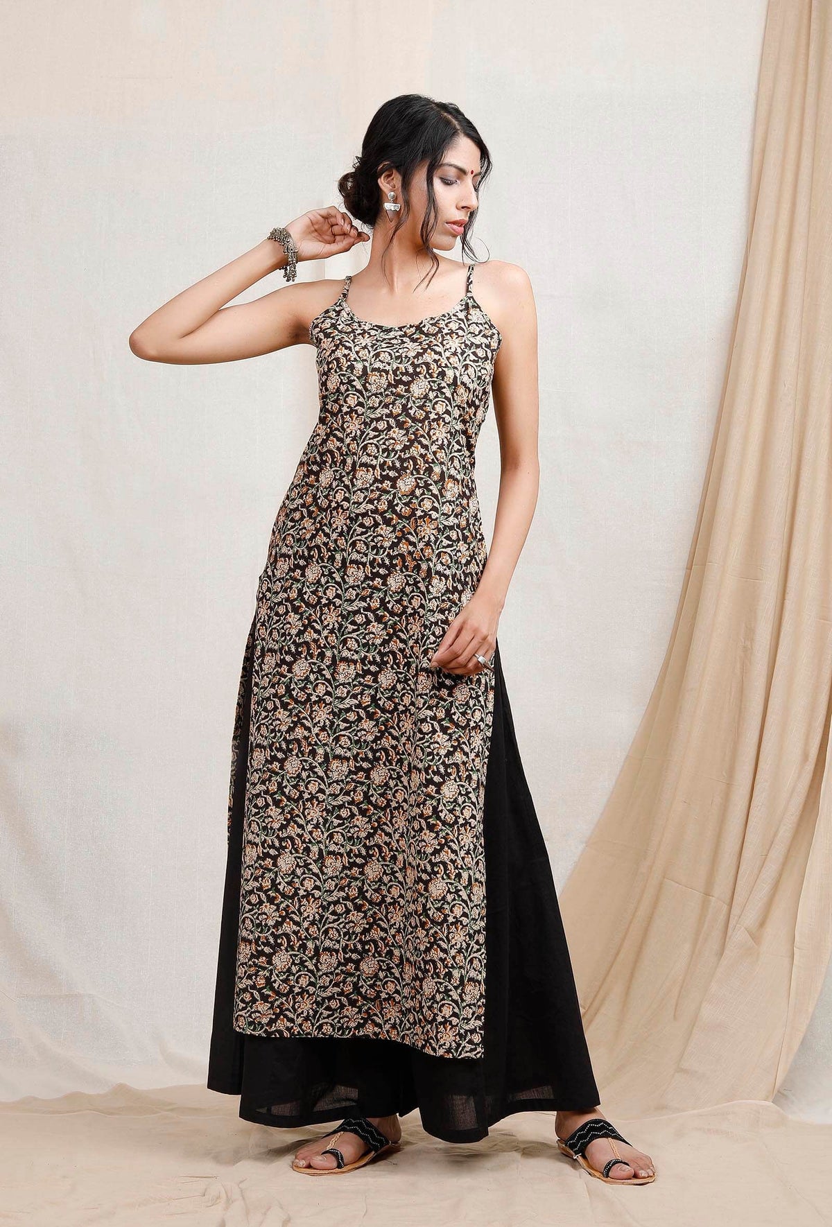 Black Kalamkari Handblock Cotton Slip サイズ XL