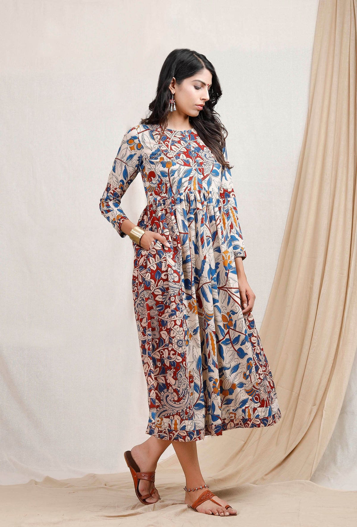Dual Print Kalamkari Cotton Midi Dress サイズ S
