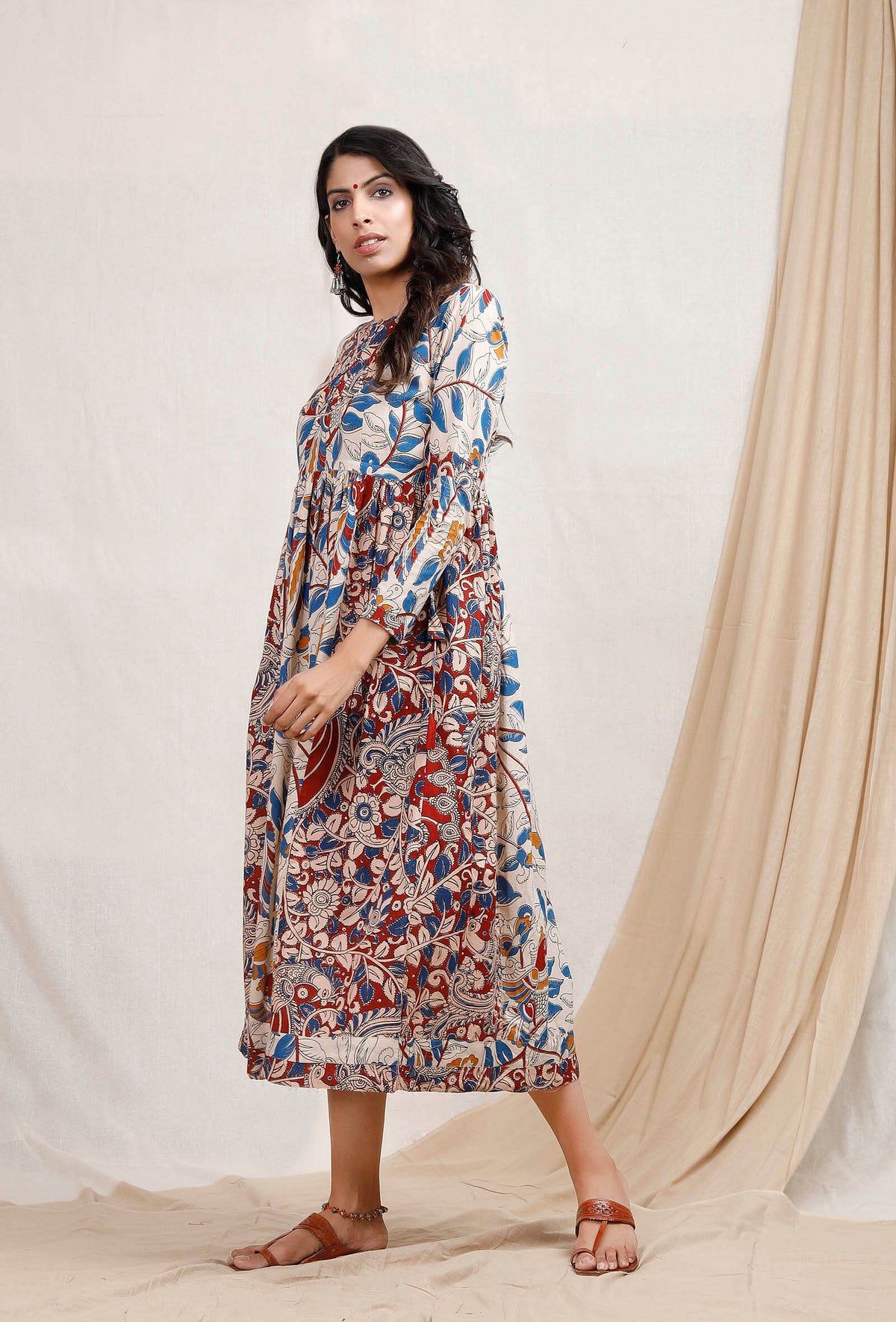 Dual Print Kalamkari Cotton Midi Dress サイズ S