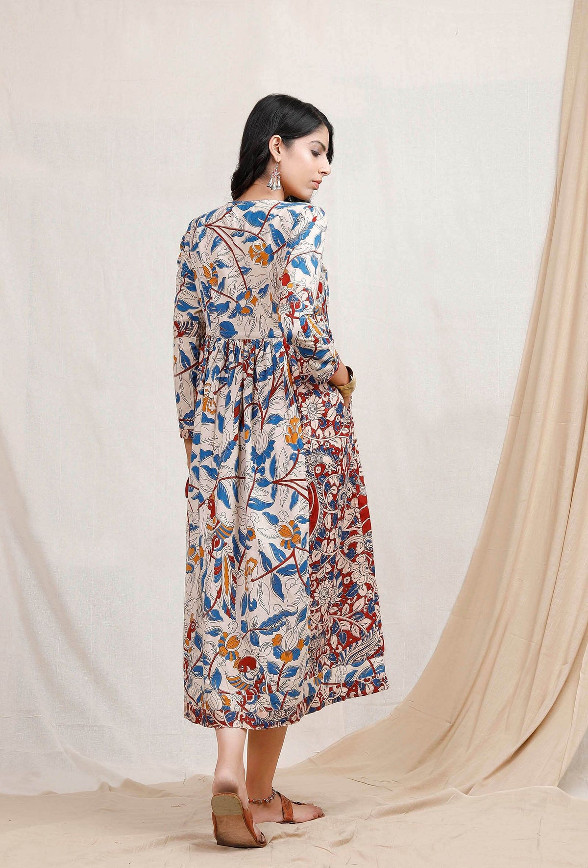 Dual Print Kalamkari Cotton Midi Dress サイズ S