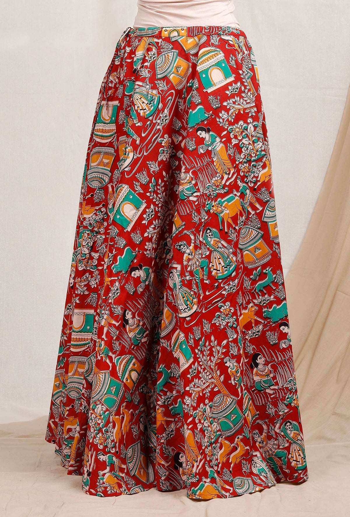 Red Kalamkari Cotton Skirt サイズ XXL