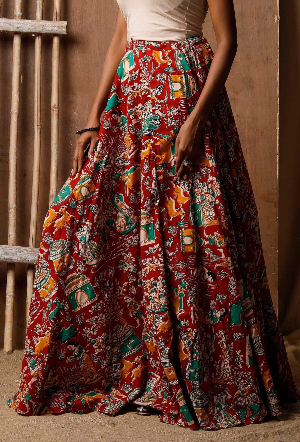 Red Kalamkari Cotton Skirt サイズ XS