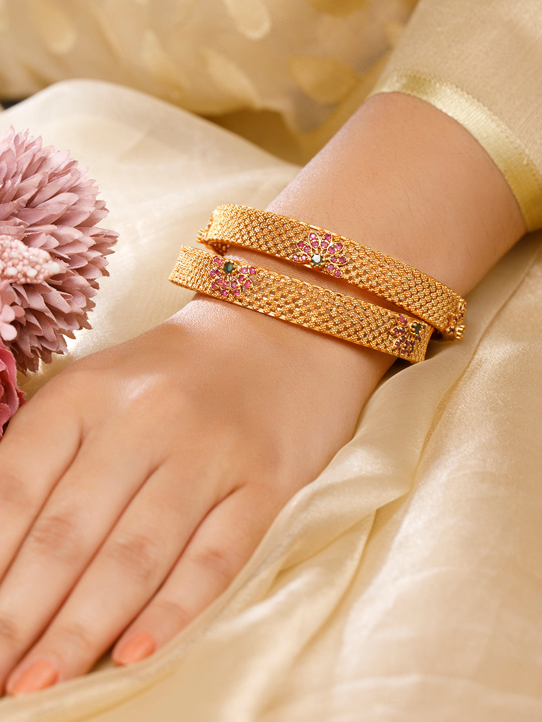 Rubans Set of 2 22K Gold Plated Ruby Pink & Emerald Green Stone Studded Bangles Gold / 2.4