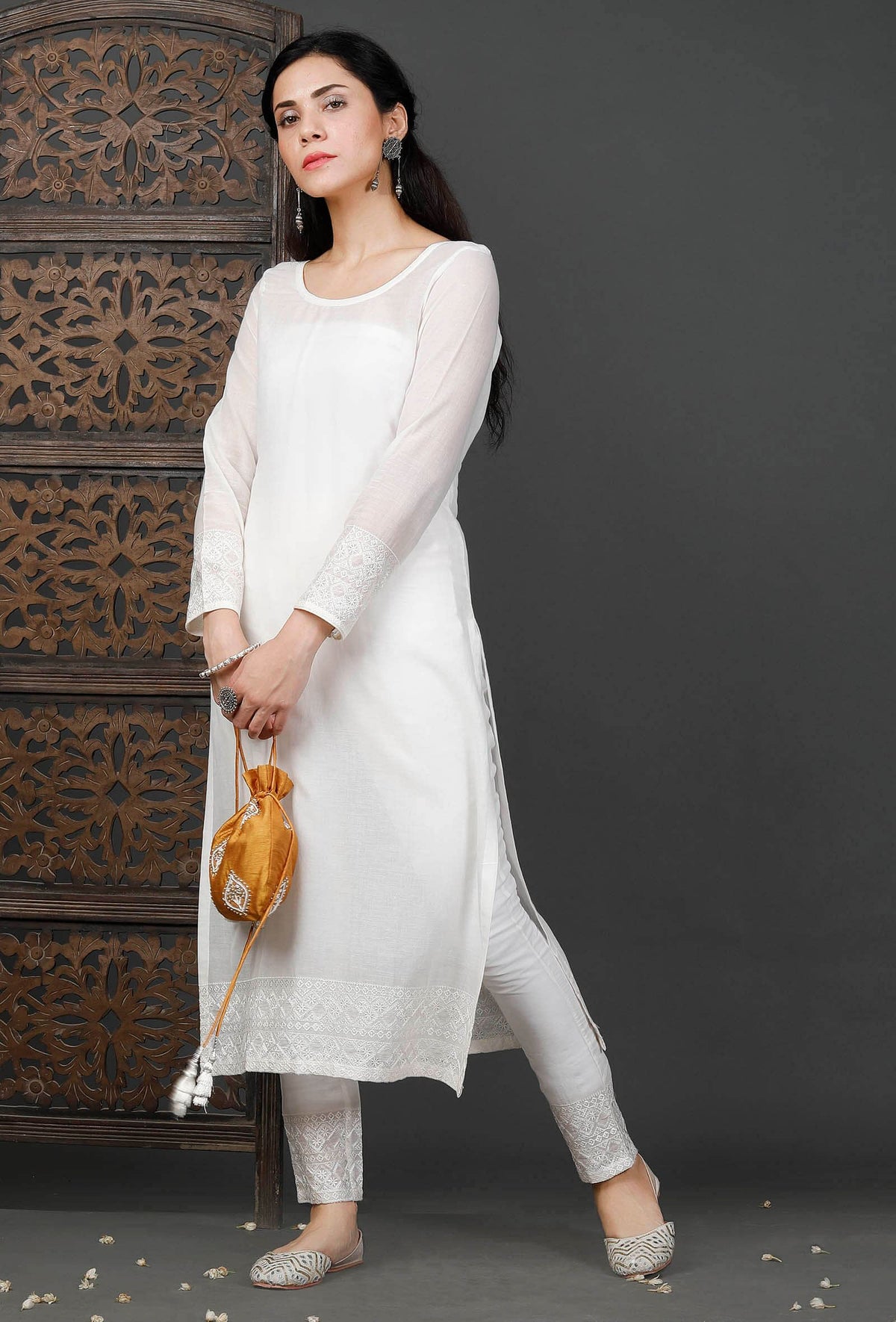 Handcrafted White Cotton Chikankari Embroidered Kurta サイズ XXXL