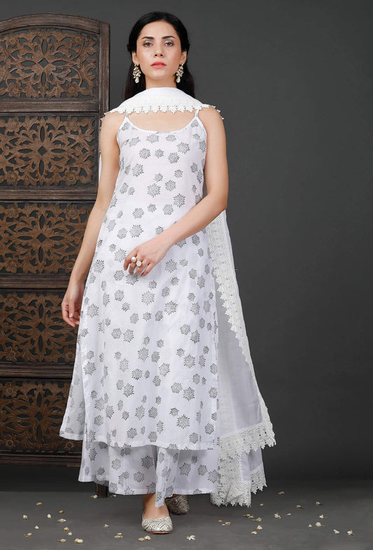 Set of 3: Printed White Kurta, Culottes and White Cotton Dupatta サイズ XL