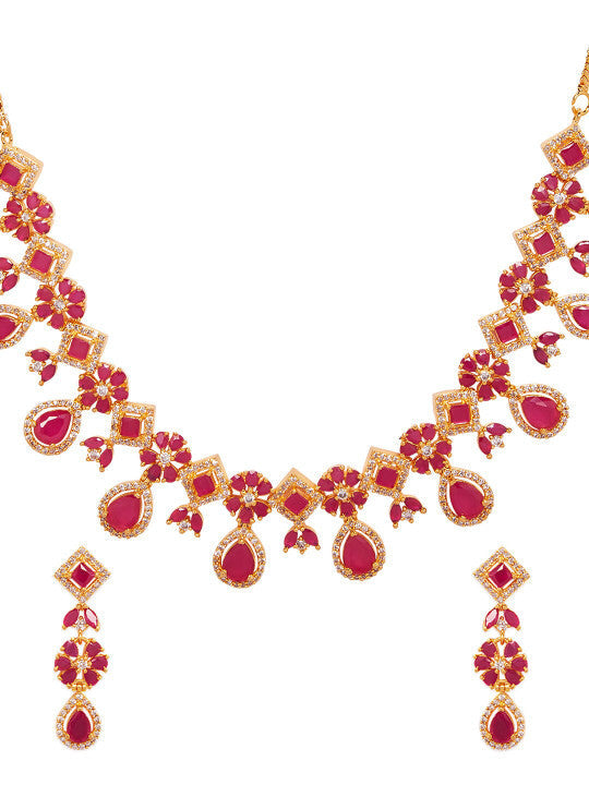 Rubans 22K Gold-Plated Ruby Pink & White Cubic Zirconia Studded Floral Drop Necklace Set Pink