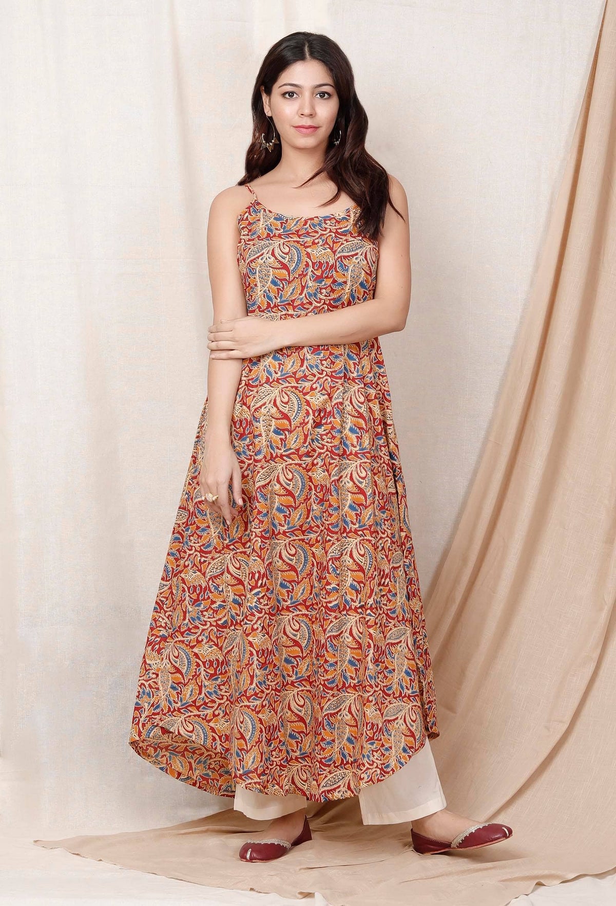 Red Block Printed Kalamkari Cotton Slip Kurta サイズ M