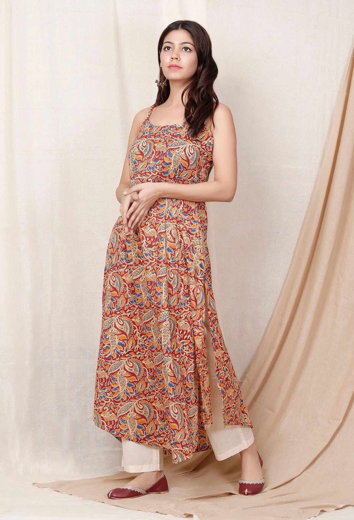 Red Block Printed Kalamkari Cotton Slip Kurta サイズ XXL