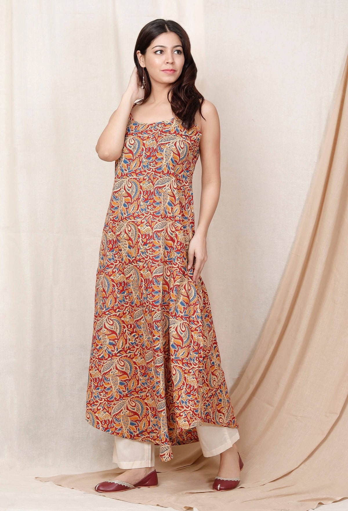 Red Block Printed Kalamkari Cotton Slip Kurta サイズ S