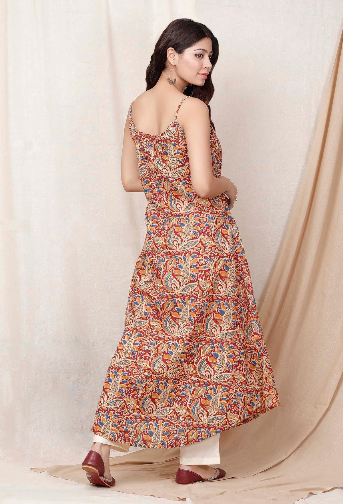 Red Block Printed Kalamkari Cotton Slip Kurta サイズ M