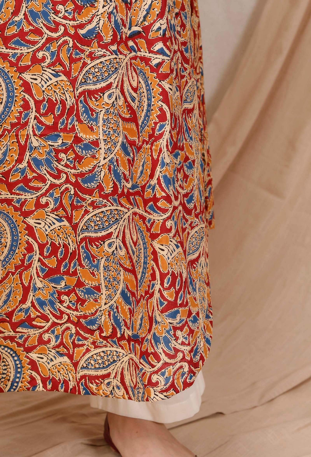 Red Block Printed Kalamkari Cotton Slip Kurta サイズ XXL