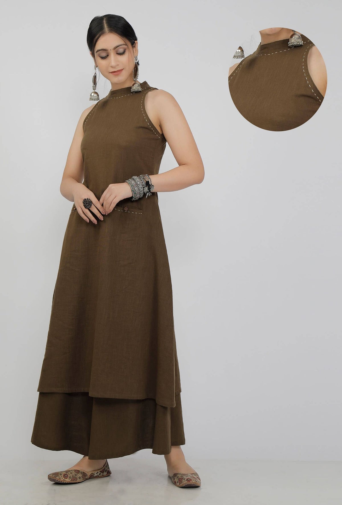 Mehendi Halter Neck Cotton Slub Kurta サイズ XXXL