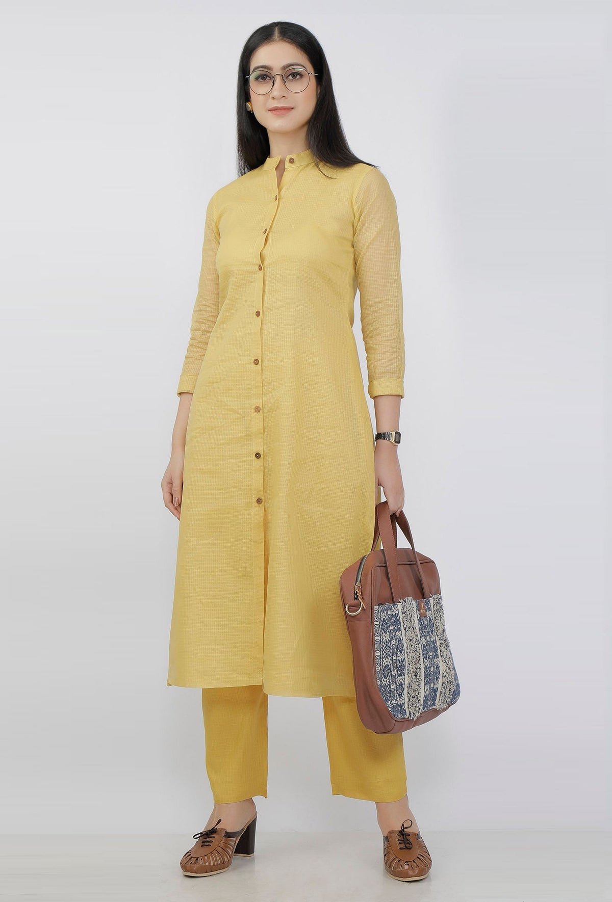 Yellow Kota Doria Cotton Kurta サイズ XS
