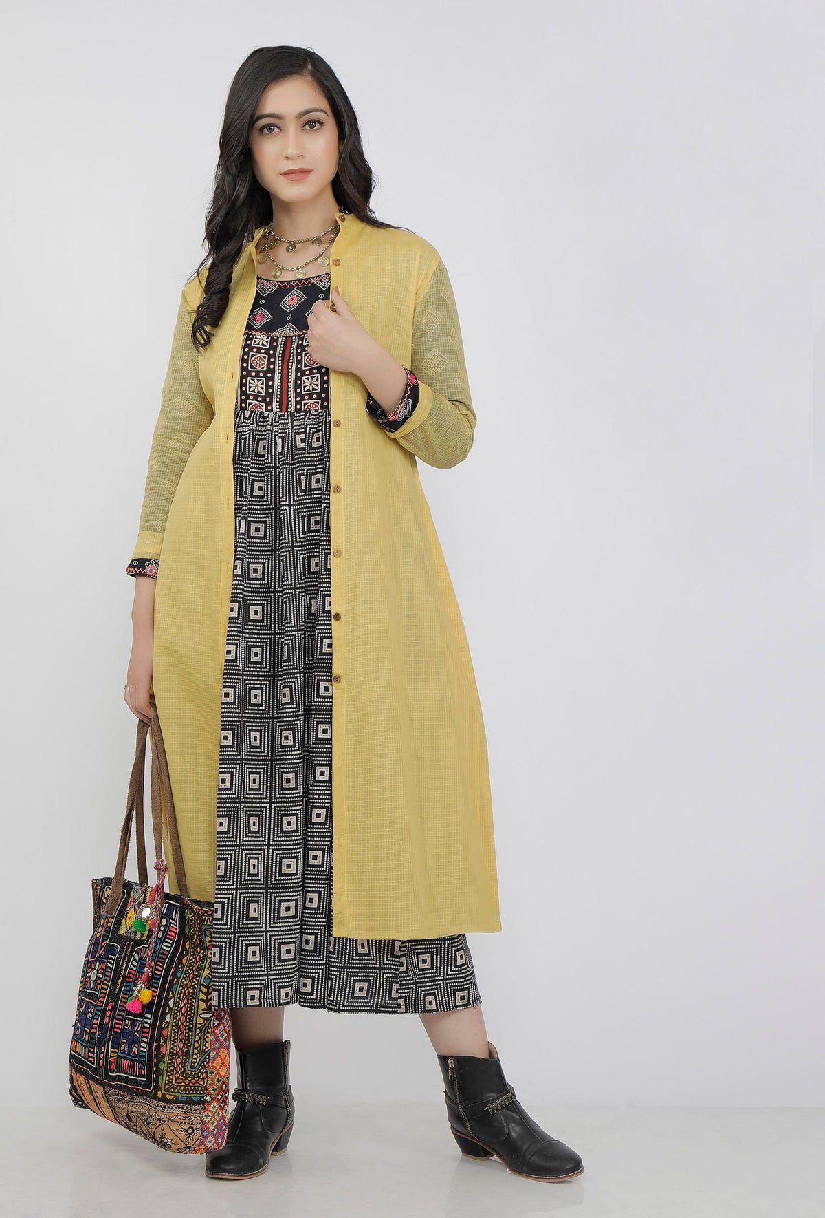 Yellow Kota Doria Cotton Kurta サイズ XS