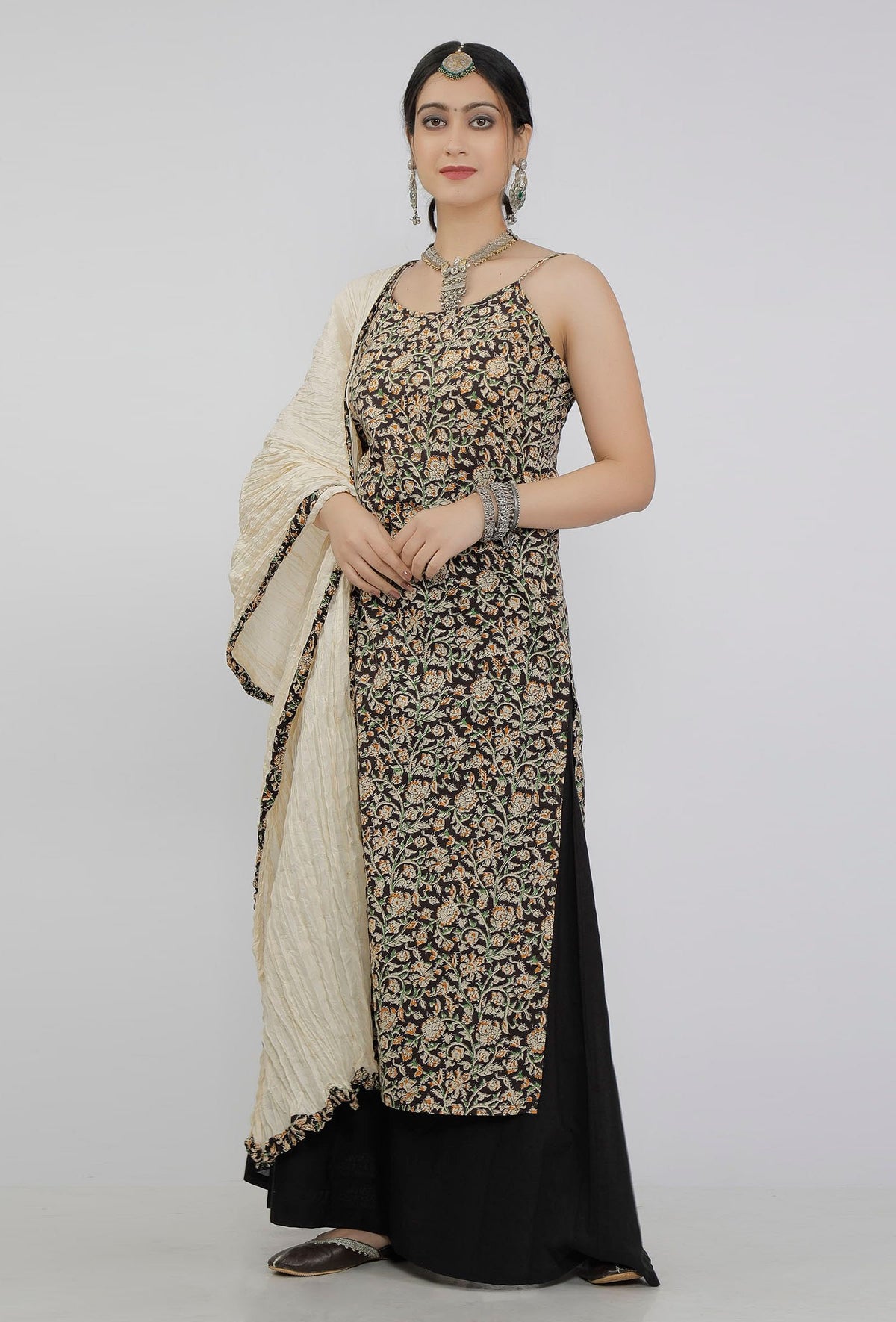 Black Kalamkari Handblock Cotton Slip サイズ XL