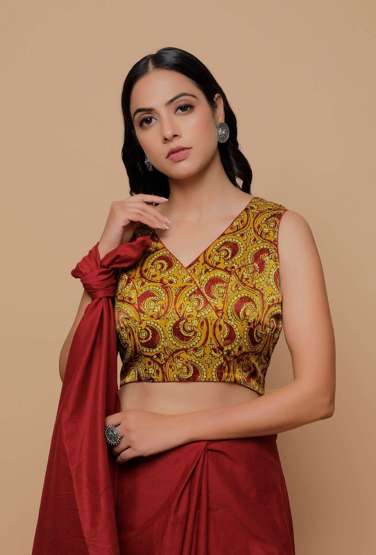 Yellow Printed Mashru Sleeveless Blouse サイズ L