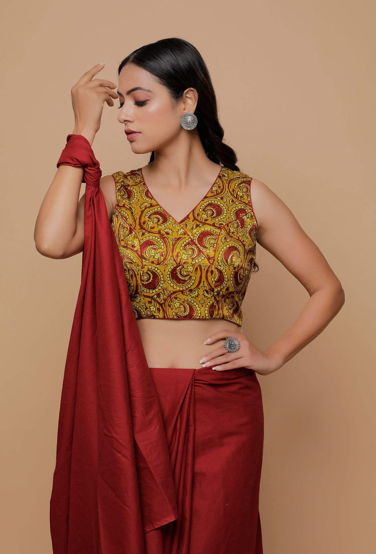 Yellow Printed Mashru Sleeveless Blouse サイズ L