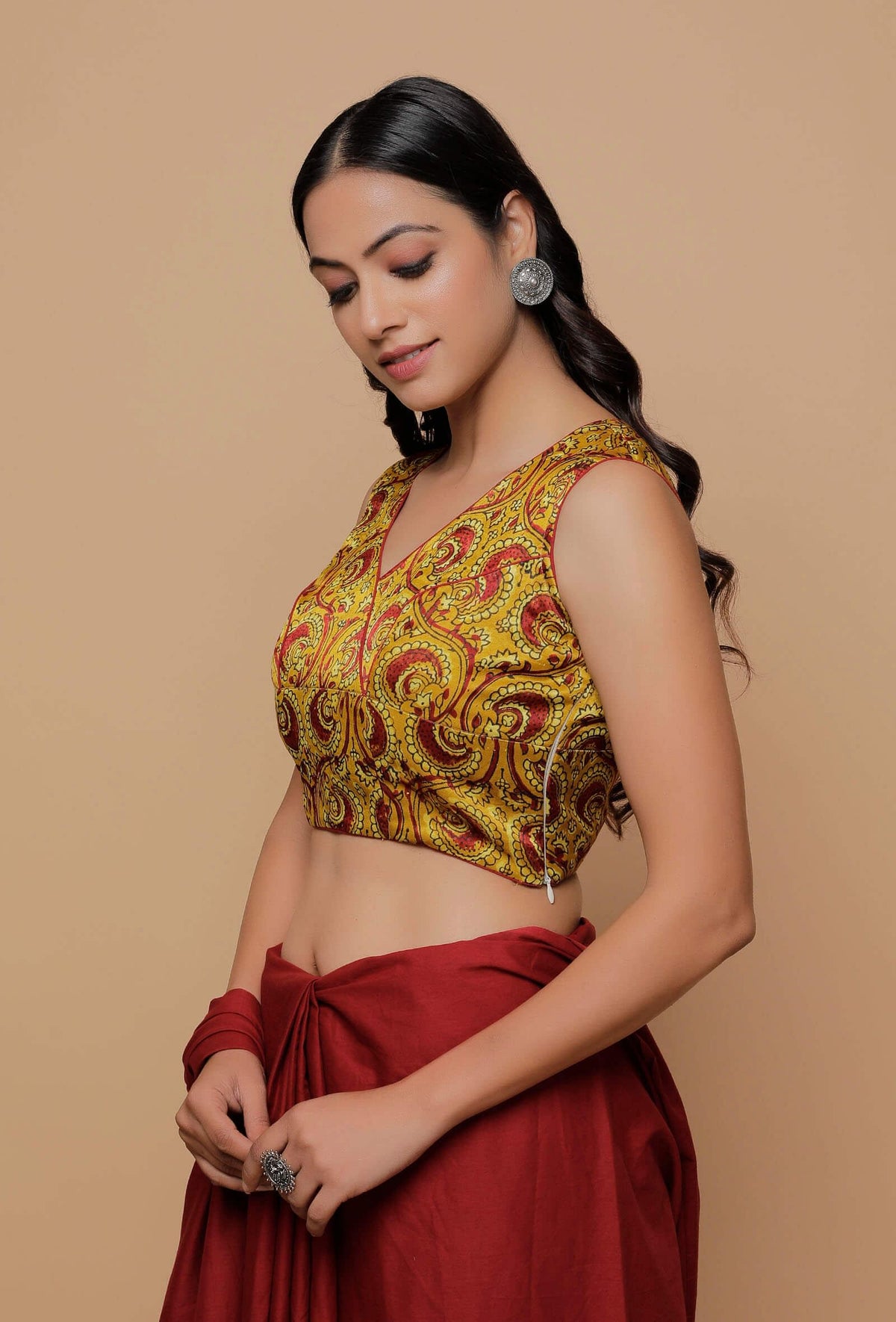 Yellow Printed Mashru Sleeveless Blouse サイズ L