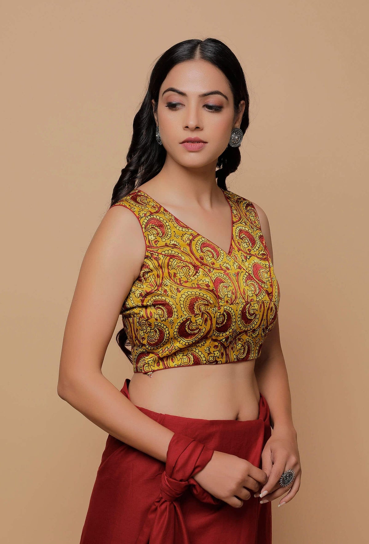 Yellow Printed Mashru Sleeveless Blouse サイズ S