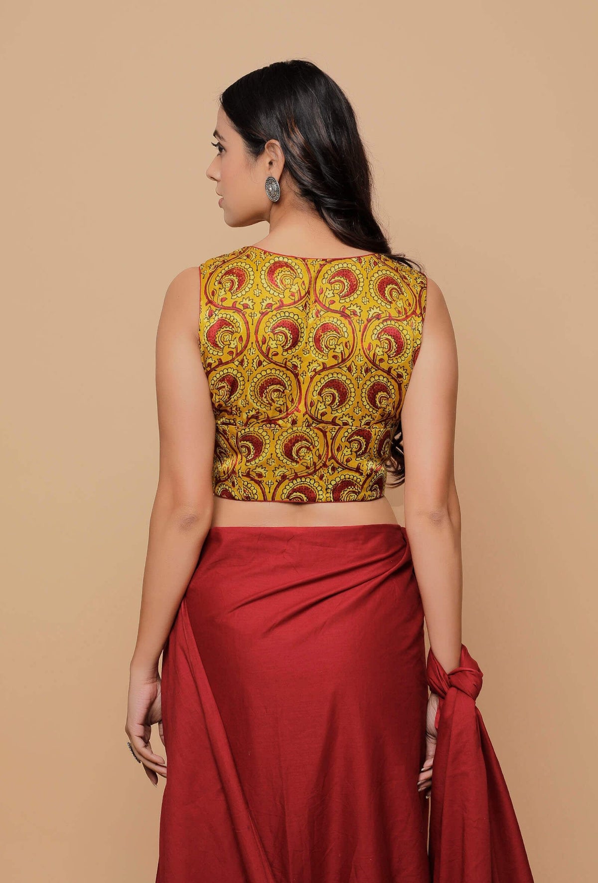 Yellow Printed Mashru Sleeveless Blouse サイズ L