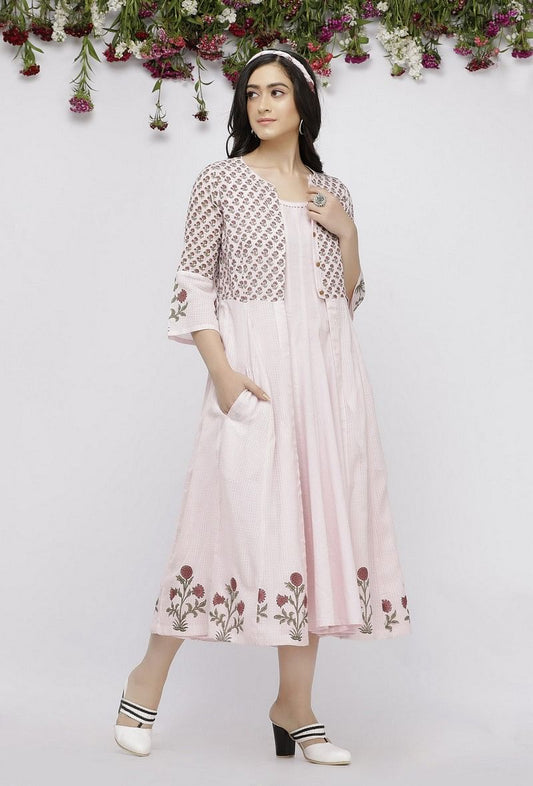 Set of 2: Pink Kalidar Cotton Plain Kurta with Hand-Block Printed Kota Cape サイズ L