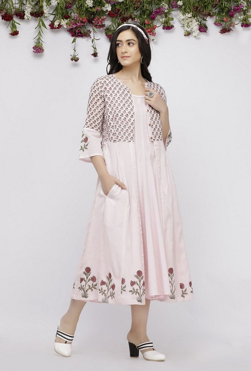 Light Pink Kota Hand-Block Printed Cape サイズ M