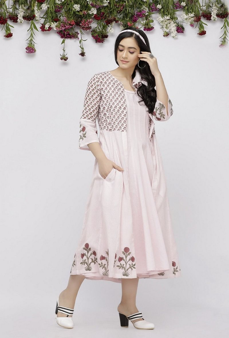 Light Pink Kota Hand-Block Printed Cape サイズ M