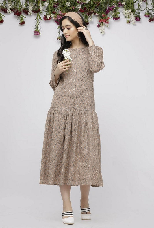 Beige Pleated Kota Hand-Block Printed Dress サイズ XL
