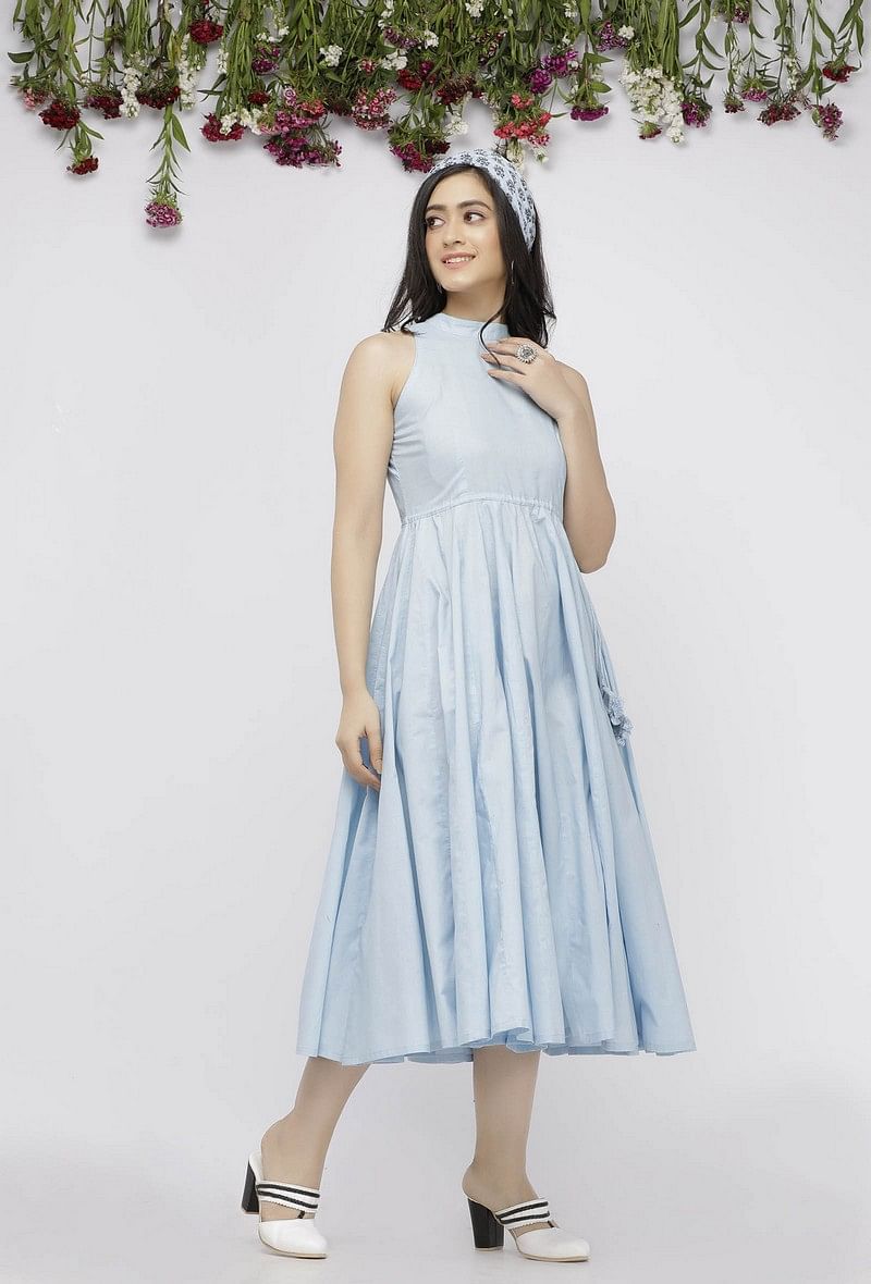 Blue Plain Cotton Tasseled Anarkali サイズ M