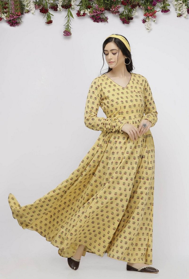 Yellow Long Gathered Hand-Block Printed Cotton Kurta サイズ XXXL
