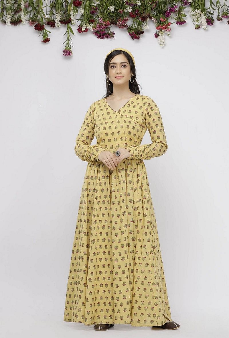 Yellow Long Gathered Hand-Block Printed Cotton Kurta サイズ L