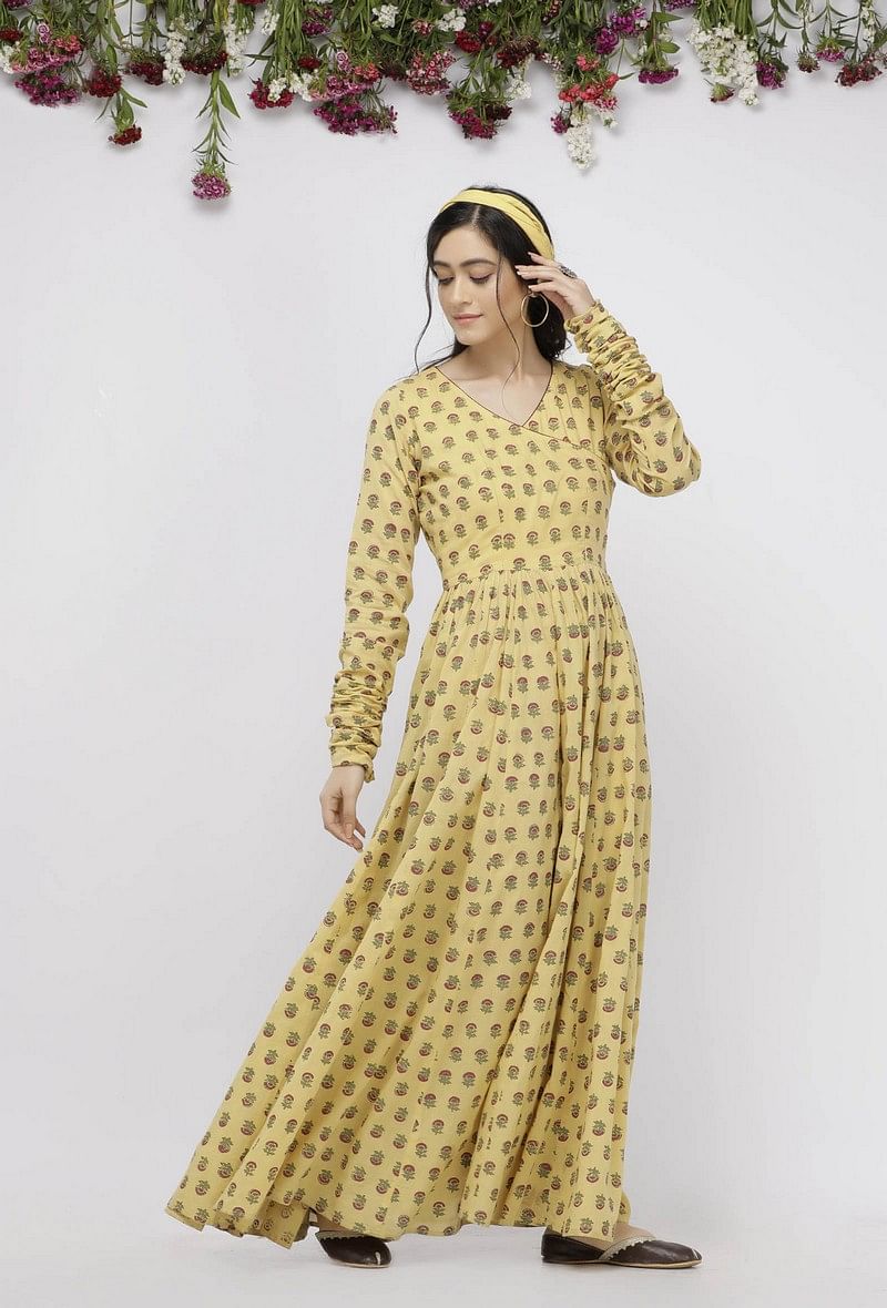 Yellow Long Gathered Hand-Block Printed Cotton Kurta サイズ XXXL