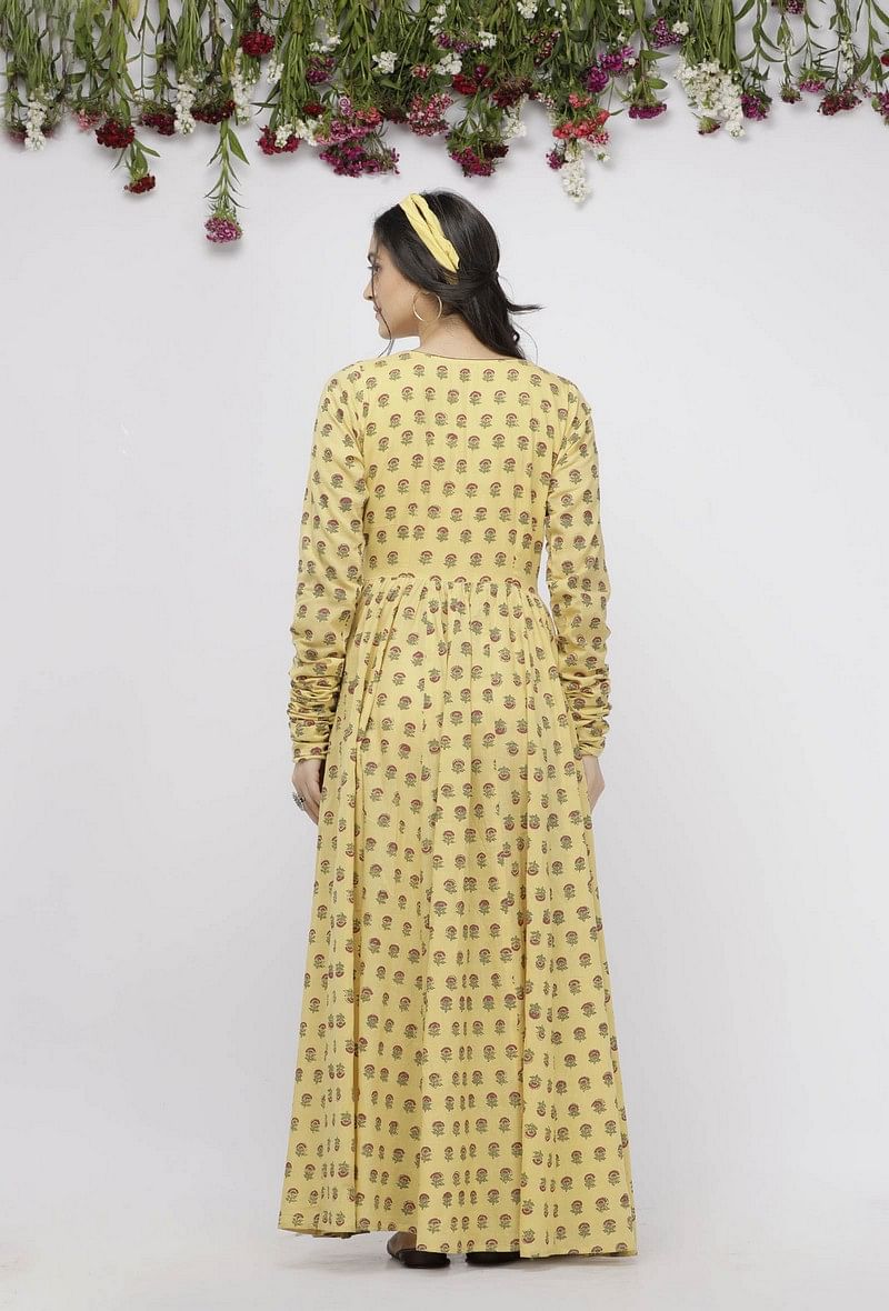 Yellow Long Gathered Hand-Block Printed Cotton Kurta サイズ XXXL