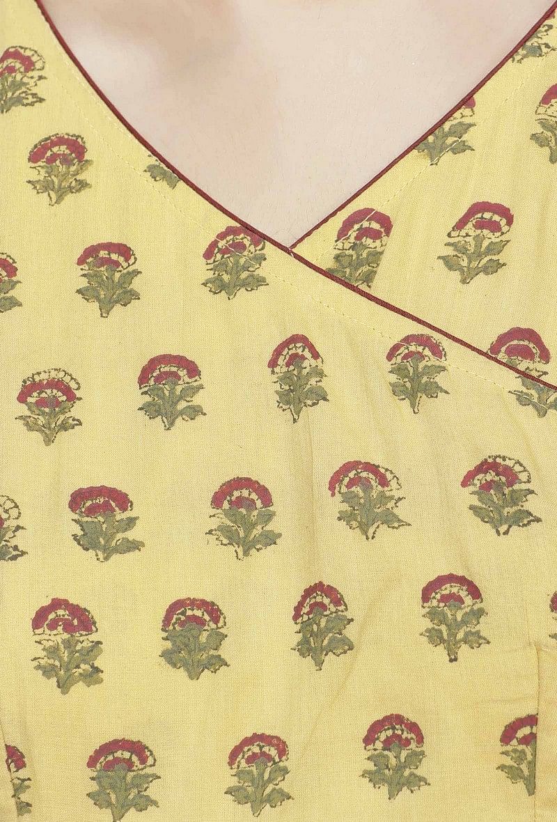 Yellow Long Gathered Hand-Block Printed Cotton Kurta サイズ XXXL