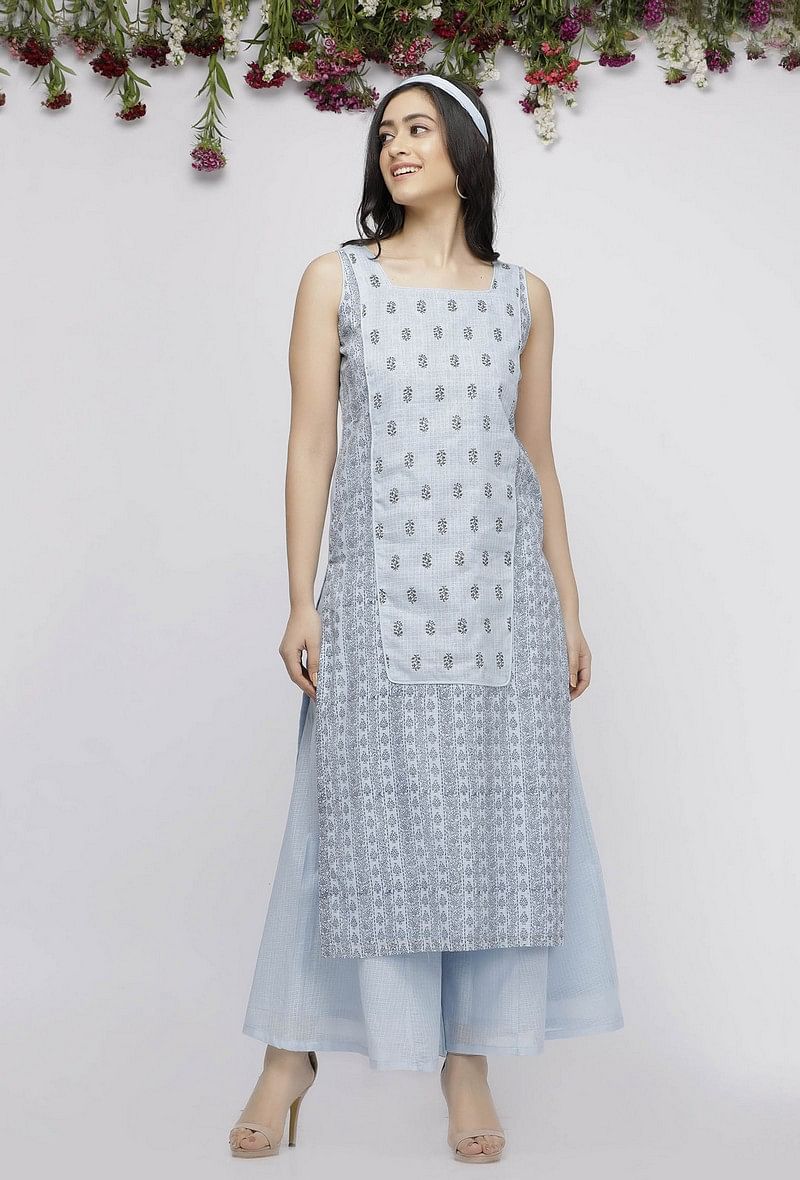 Blue Straight Fit Hand-Block Printed Kota Kurta サイズ XXL